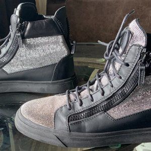 Giuseppe Zanotti Black Leather and Crystal Embellished High Top Sneakers size 44